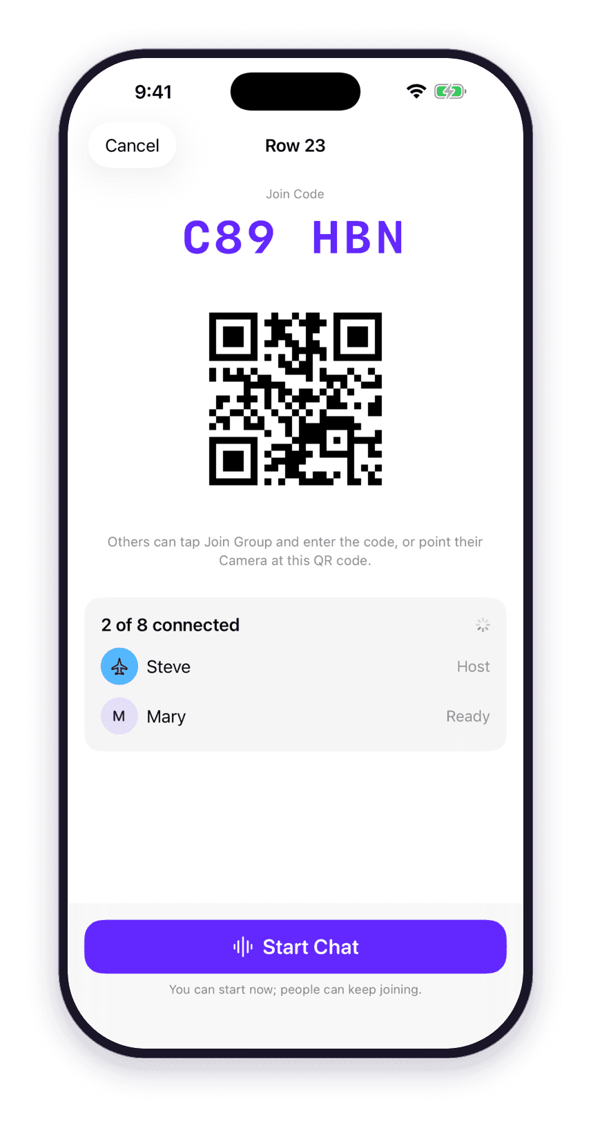 Create Group lobby titled Row 23 with a six-character join code, a QR code, a roster reading 2 of 8 connected with Steve as host and Mary ready, and a Start Chat button.