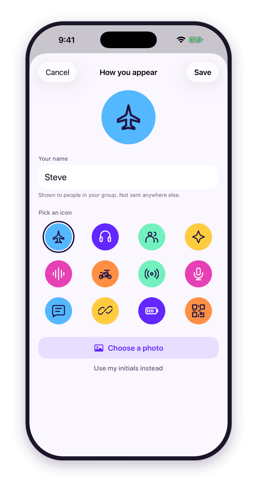 The How you appear sheet: an avatar preview, a name field reading Steve with the note Shown to people in your group. Not sent anywhere else, twelve preset icons, Choose a photo, and Use my initials instead.
